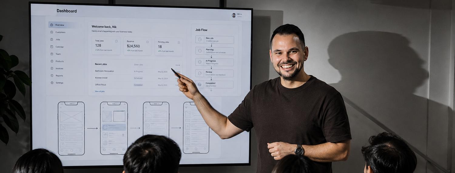 A team walking through dashboard designs and app wireframes on screen